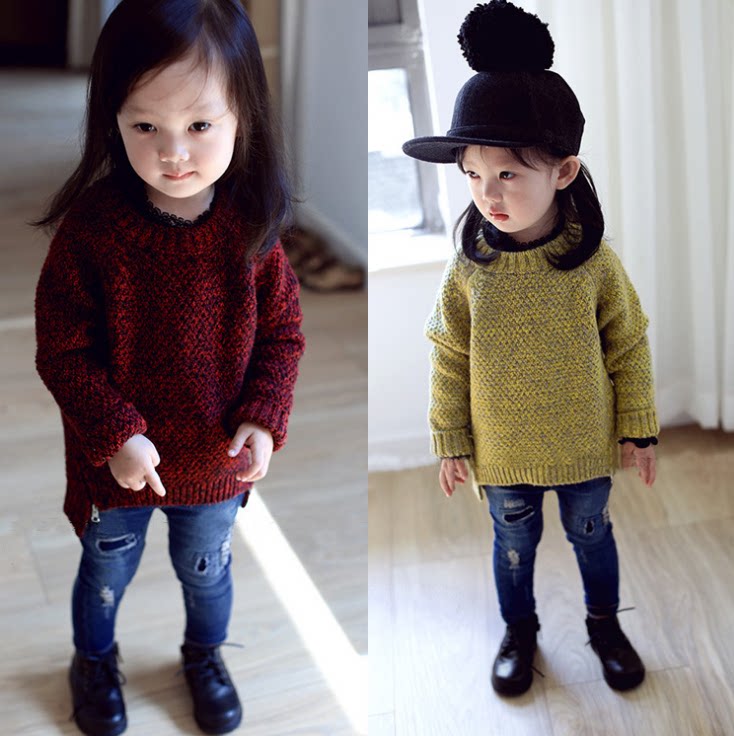 Child Clothing 2021 Autumn Winter New Pure color sweater Children's sleeve Loose Diagonal-stayed Knitted Sweater Sweater Sweater Sweater