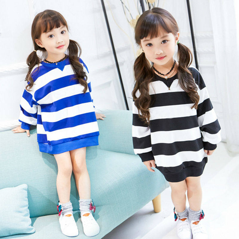 2021 Spring Dress Baby New Korean Version Striped Children Ocean Dress Girl Spring Autumn Loose Long Sleeve Skirt Princess Dress
