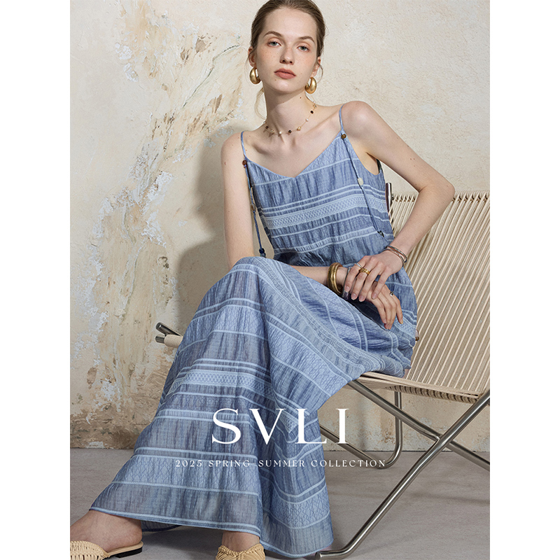 Svli｜'Capri' Italian-Style Elegant Skin-Friendly Breathable Horizontal Striped Beaded Spaghetti Strap Long Dress