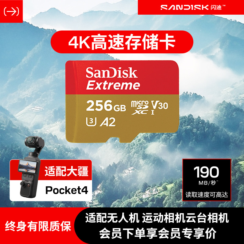 Карта памяти Sandisk 256G DJI pocket3 карта памяти drone SD-карта action4 высокоскоростная карта флэш-памяти tf Изображение 1