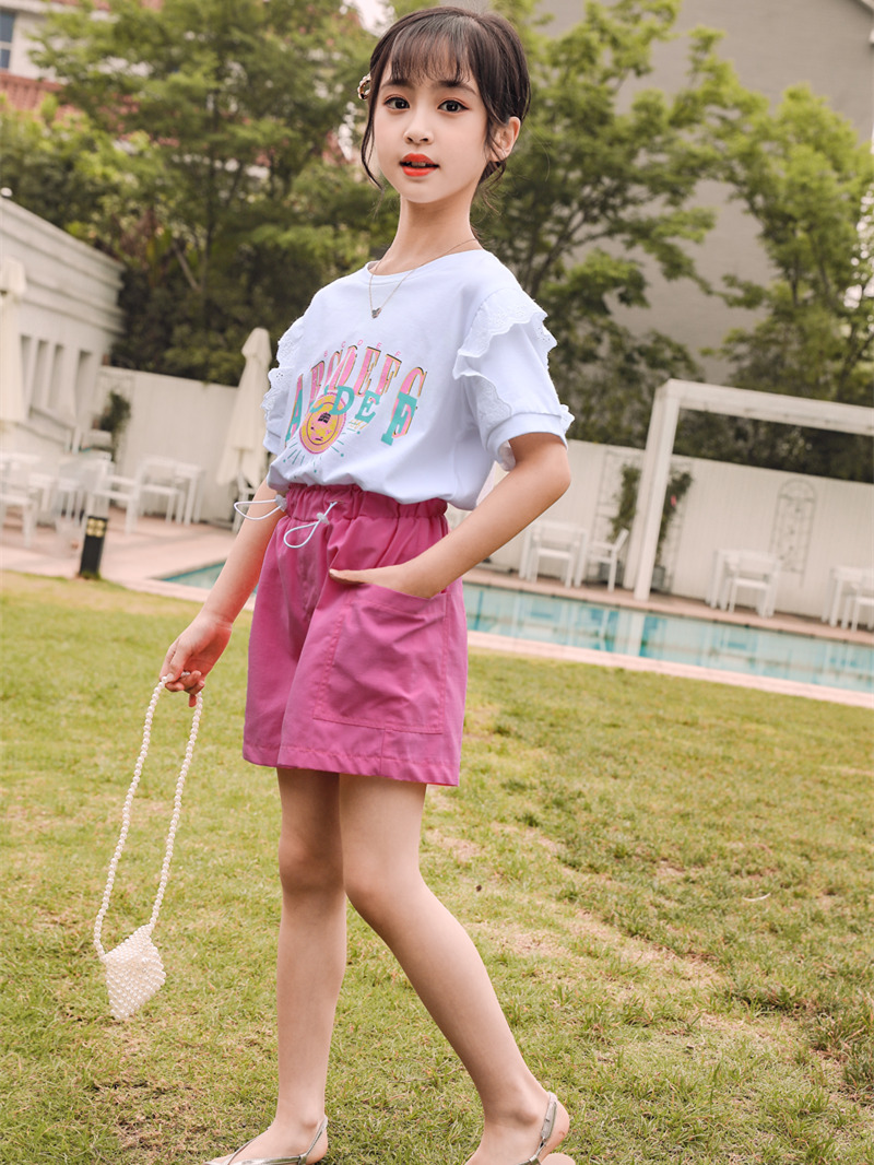 Cô gái Summer Set 2020 Yangqi Net Red Big Kids ngắn tay áo Quần soóc mùa hè hai mảnh thời trang trẻ em Set.