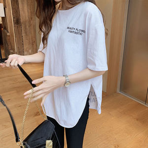 夏季新款韩版短袖白色t恤女宽松圆领百搭中长款学院风纯色上衣潮