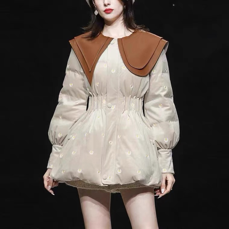 Winter 2021 New Women's Clothing Large Lapel Velvet Embroidered Waist-Cinching Mid-Length Thickened White Duck down Jacket
