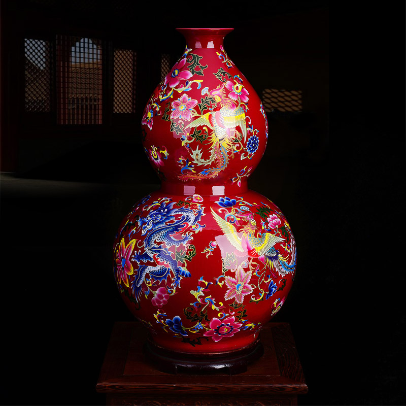 Jingdezhen ceramics Chinese red dragon phoenix gourd Floor-to-ceiling large vase Living room entrance TV cabinet decorative ornaments