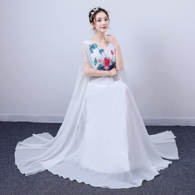 2020 new water-ink lotus ancient wind elegant and thin guzheng performance gown with long version of white water sleeve performance gown