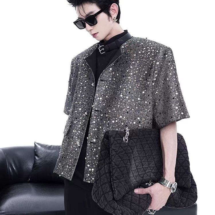 2025 Summer New Men's Black Sequin Loose Casual Jacket Trendy Fashion Versatile Top