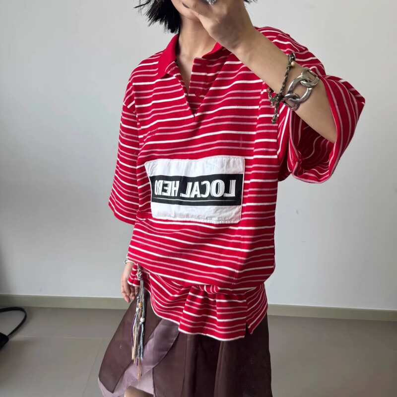 Martine Rose 25Ss Red Striped Polo Short-Sleeved Vintage Football Patch T-Shirt, Same Style for Men and Women