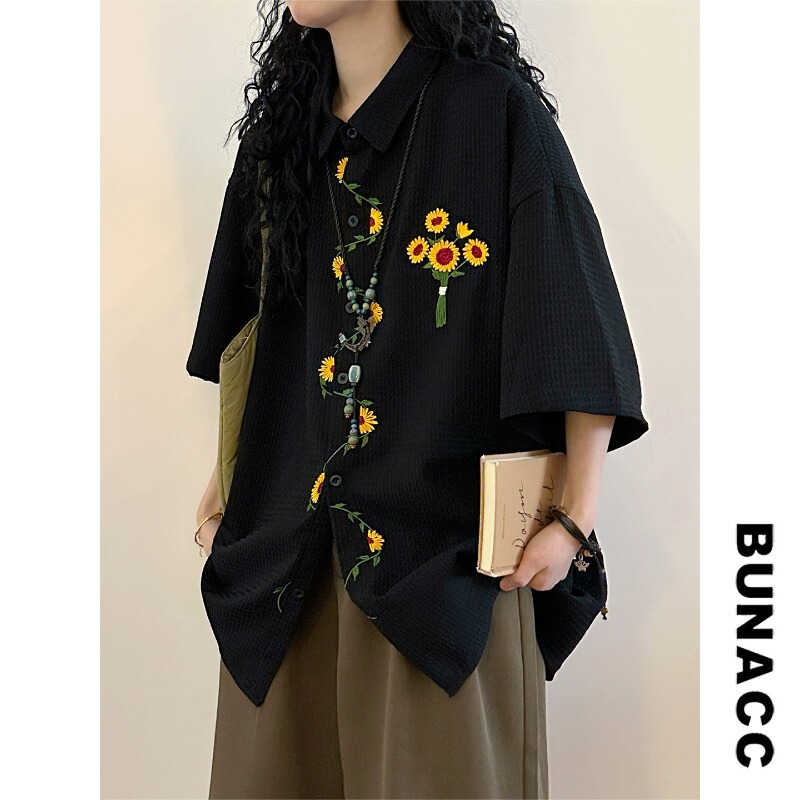 2026 Spring American Retro Three-Dimensional Flower Embroidery Shirt for Women, Long Sleeve Unique Design Sunflower Shirt for Men