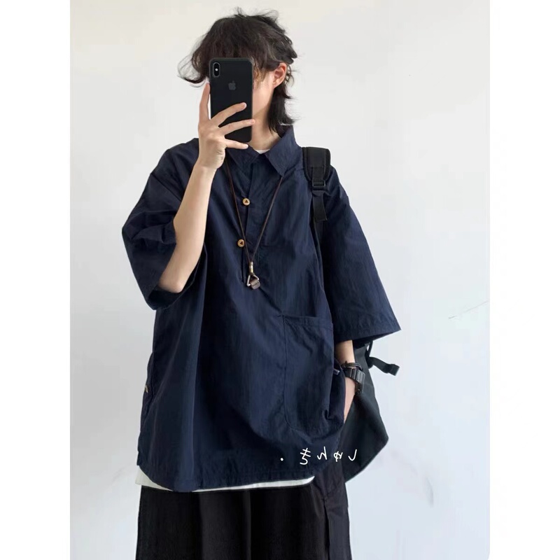 Japanese Retro Cityboy Polo Shirt for Men, Summer Hong Kong Style ins Loose Casual Versatile Turn-Down Collar Short-Sleeve Shirt