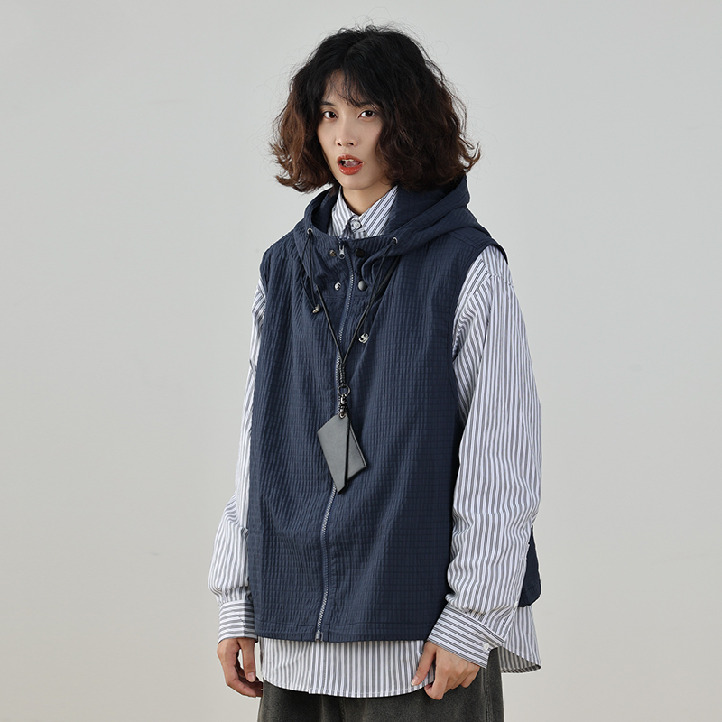 Japanese-Style Autumn Hooded Vest Solid Color Unisex Couple Cityboy Workwear Outdoor Loose Sleeveless Jacket