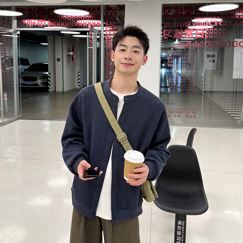 2025 New Navy Blue Round Neck Waffle Knit Button Cardigan for Men and Women, Spring and Autumn Solid Color Top, Casual Loose Fit