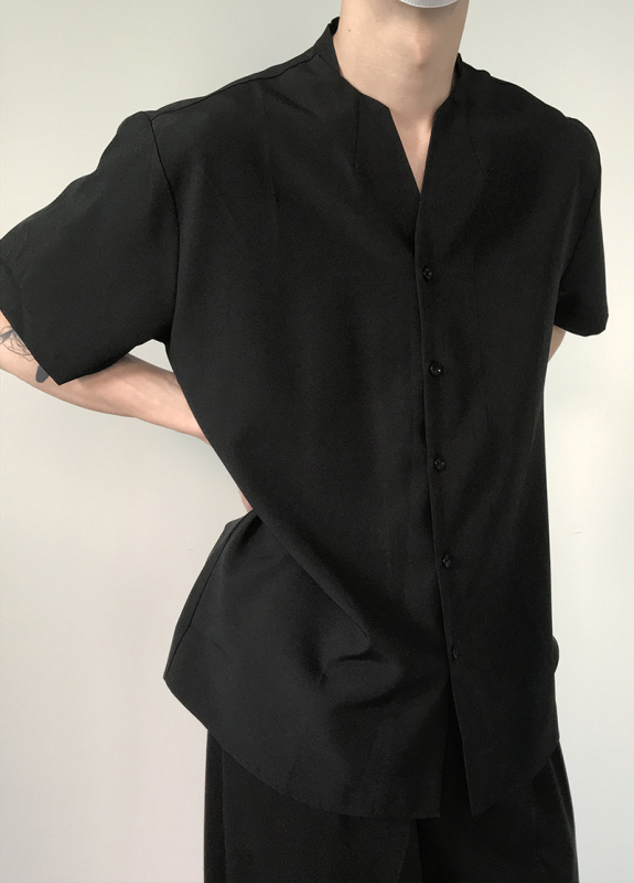Summer Japanese Retro Irregular Collar Design Short-Sleeved Shirt for Men and Women, Minimalist Style ins Loose V-Neck Top