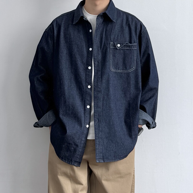 Autumn Japanese Retro Washed Workwear Pocket Denim Shirt Long-Sleeve Unisex Versatile Loose Shirt Jacket Trendy