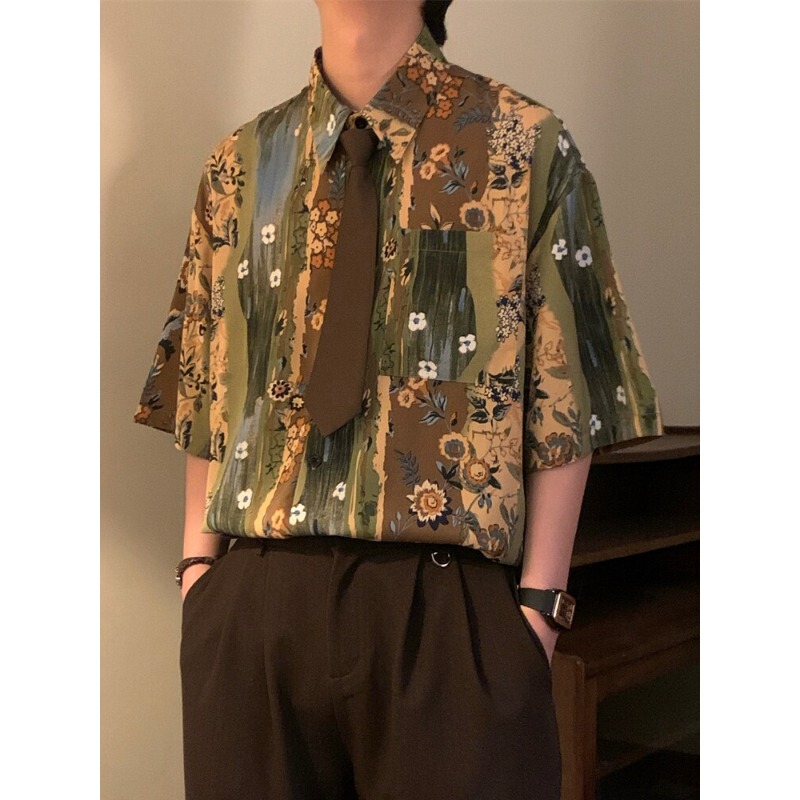 2026 Summer New Japanese Retro Oil Painting Floral Graffiti All-Over Print Short-Sleeve Shirt Top Unisex Thin Shirt