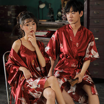 New Wedding Couple Sleeping Robes Summer Big Red Printed Morning Gown Two Sets Ice Silk Fairy Crane Sexy Harnesses to serve women