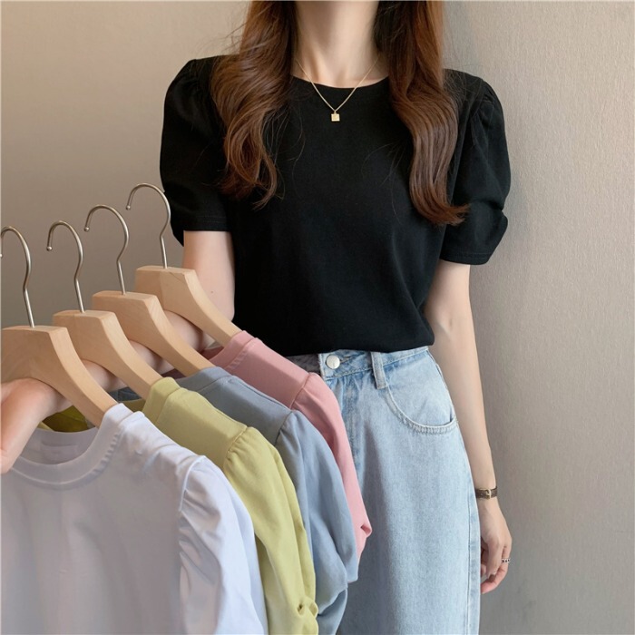 This Year's Super Popular Puff Sleeve T-Shirt for Women, Black, Stylish, Trendy, Beautiful Short-Sleeved Summer Slim-Fit Thin Round-Neck Top