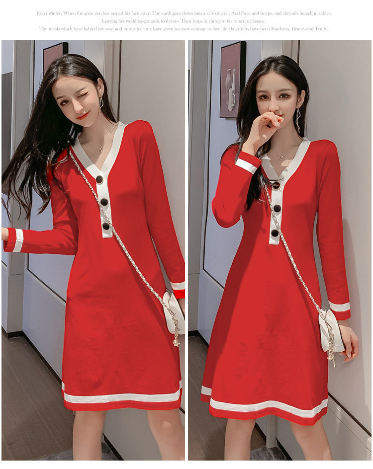 VK旗艦店 韓國風V領針織拚色長袖洋裝