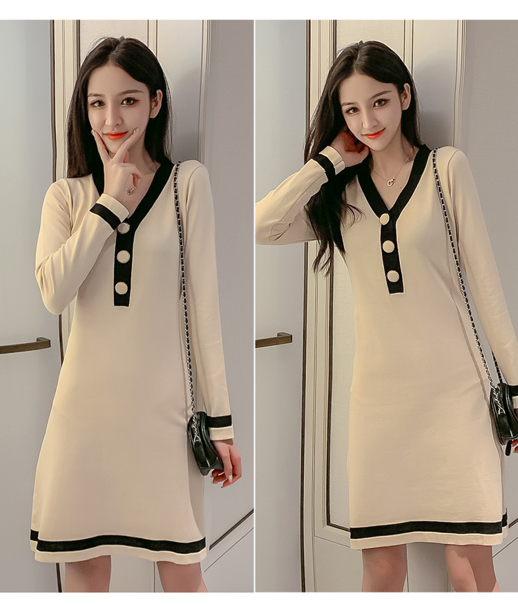 VK旗艦店 韓國風V領針織拚色長袖洋裝