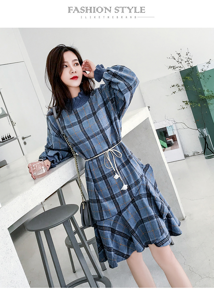 VK旗艦店 韓系格紋毛呢拼接針織荷葉邊魚尾長袖洋裝