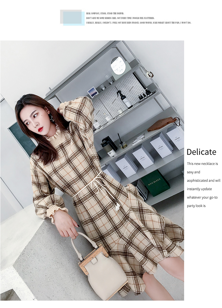 VK旗艦店 韓系格紋毛呢拼接針織荷葉邊魚尾長袖洋裝