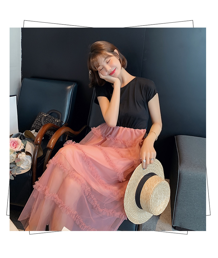 VK旗艦店 韓系時尚拼接網紗荷葉邊收腰顯瘦短袖洋裝