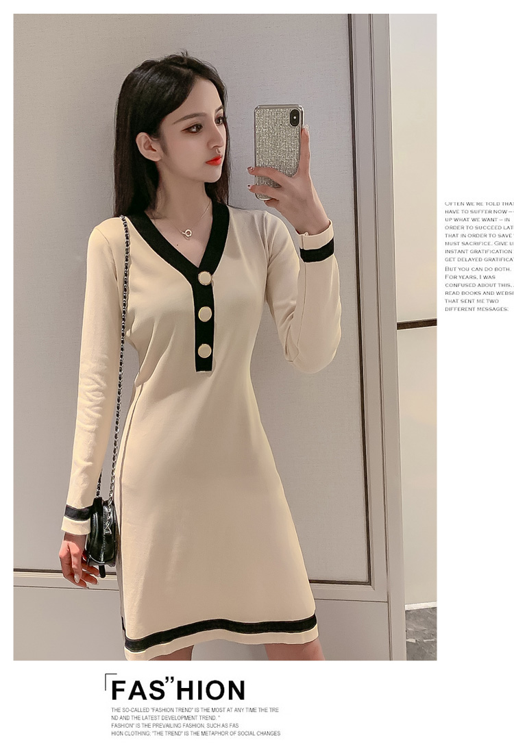 VK旗艦店 韓國風V領針織拚色長袖洋裝