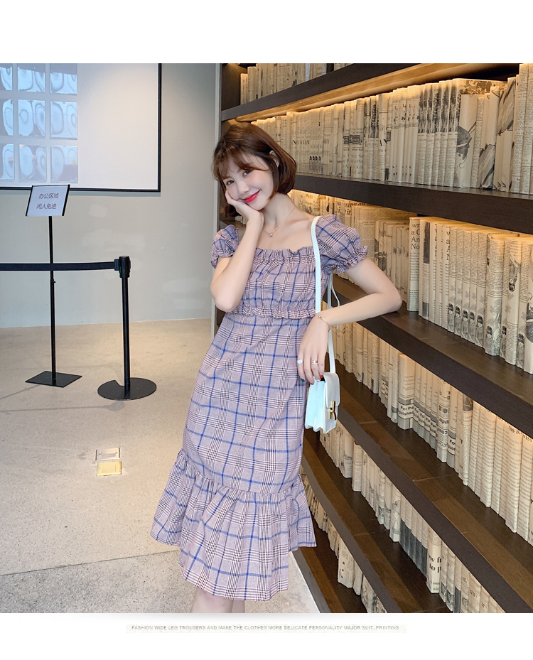 DABI 韓系格紋一字領露肩荷葉邊魚尾短袖洋裝 DABI 韓系格紋一字領露肩荷葉邊魚尾短袖洋裝