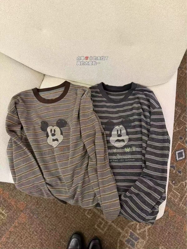 Idsisters Striped Long-Sleeve T-Shirt for Women 2026 Autumn Korean Style Loose Slimming Round Neck Mickey Base Shirt Trendy
