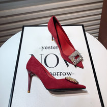 Upscale A DHepburn ~ Sexy water drill square button High heel heels Pointy Suede Single Shoes Woman Red Wedding