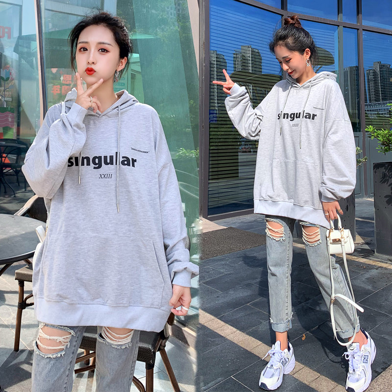 Fat mm large size 200 catty with cap autumn dress Long sleeves thick cotton T woman 2021 Korean version loose fashion blouse gestation damp