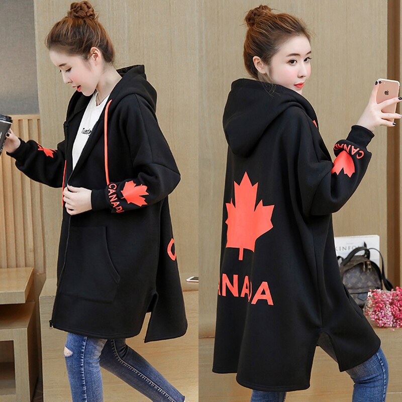 Large size 200 catties pregnant women's autumn and winter sweater women's Korean version loose mid-length version thickened and fleece hooded cardigan coat