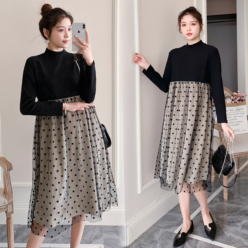 Pregnant women's spring dress red lace splicing fake two pieces of hair dress Han edition mid-long edition loose wave dot dress tops