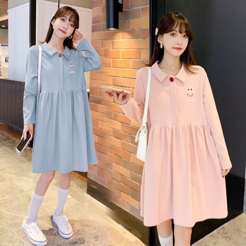 Pregnant women's spring clothing Han version A character dress slim medium long version loose cover long sleeve foreign dress fashion Chauma shirt dress