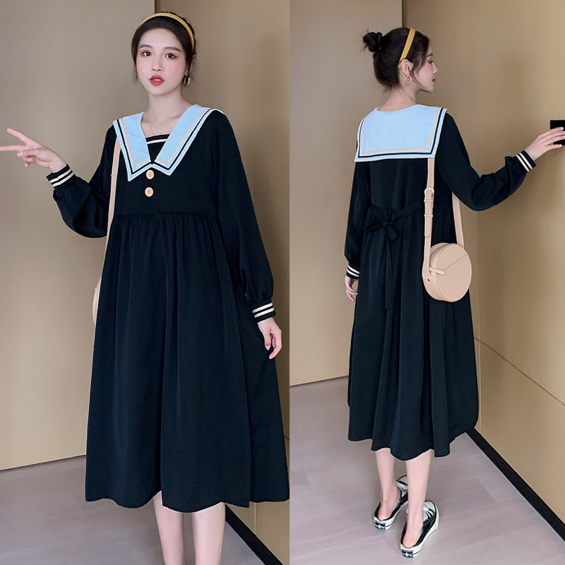 Pregnant women spring large size loose fashion foreign style jacket Korean version mid-length navy collar slim long-sleeved dress female