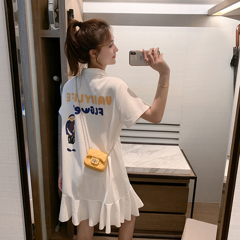 Pregnancy Woman Dress Summer Clothing Short Sleeve Ocean Dress Korean Version Medium Long Version Loose White T-Shirt Dress Slim Polo Collar Fish Tail Skirt