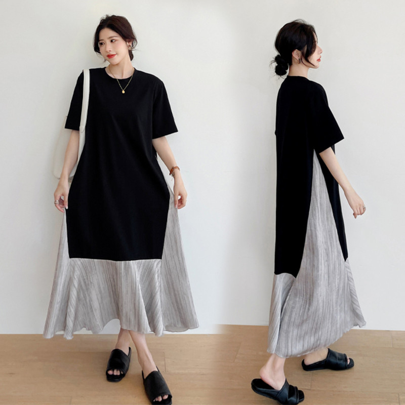 2026 New Maternity Summer Dress, Long Style, Plus Size 100kg Acetate Satin Slimming French Style High-End Short-Sleeved Dress