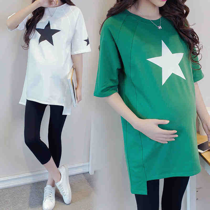Pregnancy Woman Dress Summer Clothing Blouse 2021 New Fashion Medium Long Version Pure Cotton T-shirt Short Sleeve Korean version loose with large size 200 catty