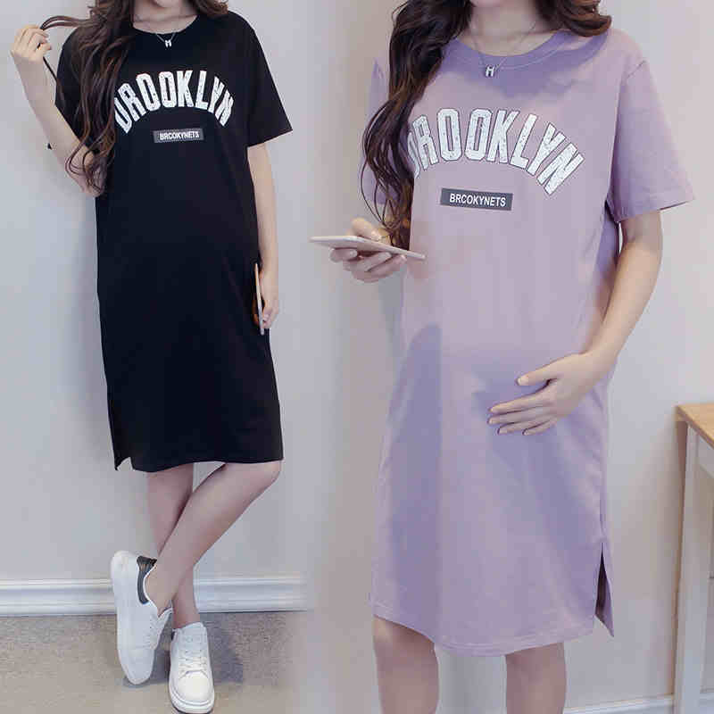 Summer new maternity wear cotton short-sleeved printed T-shirt Korean version loose large size 200 catties dress medium and long version tide