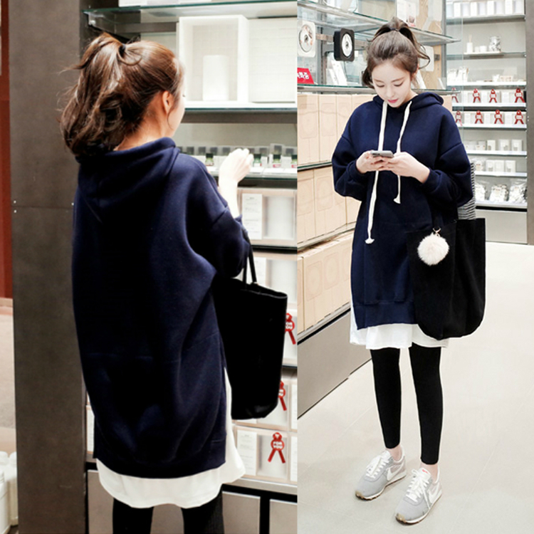 Pregnancy Woman Dress Autumn Dress 2021 New Tandem Hat Jacket Head Sweatshirt Dress Korean Version Loose medium Long version Large size Pregnant Woman Blouse