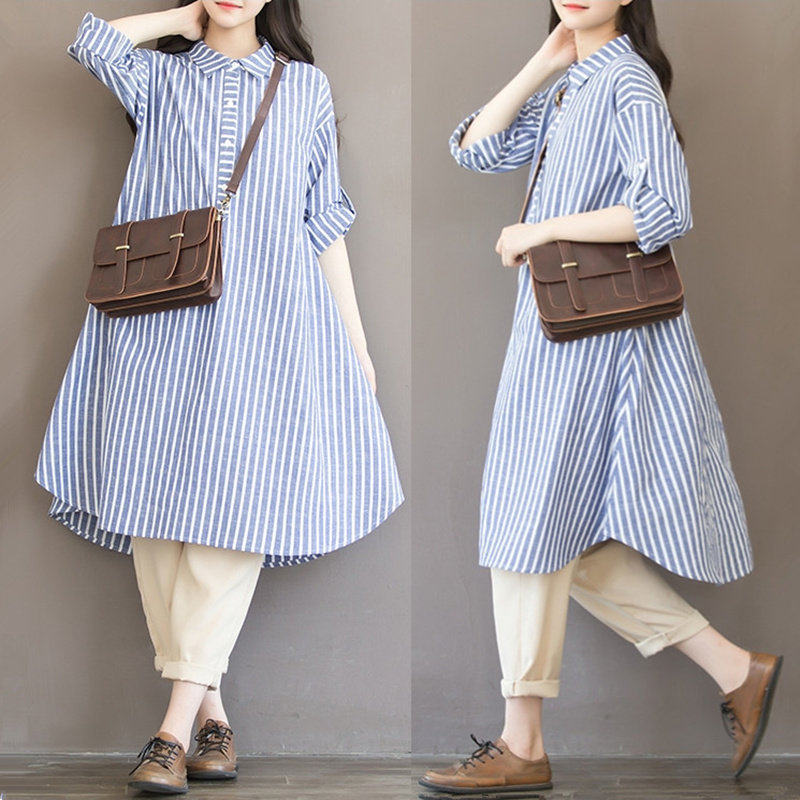Plus fat plus size 200 catties loose maternity top Korean version of cotton and linen long-sleeved pregnancy dress spring and autumn long skirt