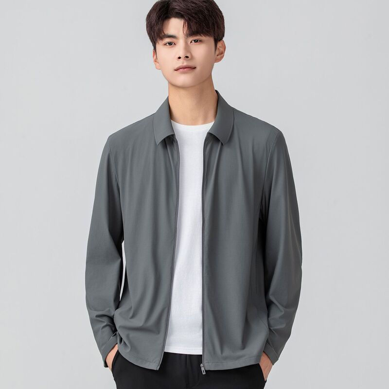 Brand Men's Clothing Ice Silk Cool Casual Lapel Jacket Men's Summer Sun Protection Clothing Seamless Non-Iron Breathable Stretch Jacket