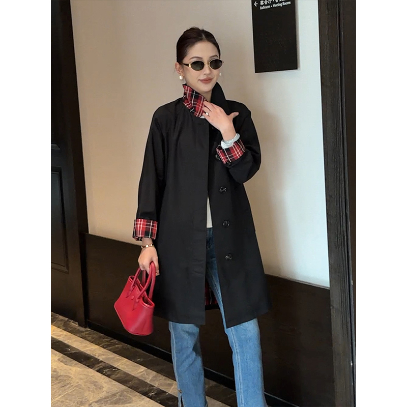 Yoyo Step "Camden" Designer-Inspired Niche Trench Coat for Women, Spring/Summer Mid-Length Plaid Jacket with a Turn-Down Collar