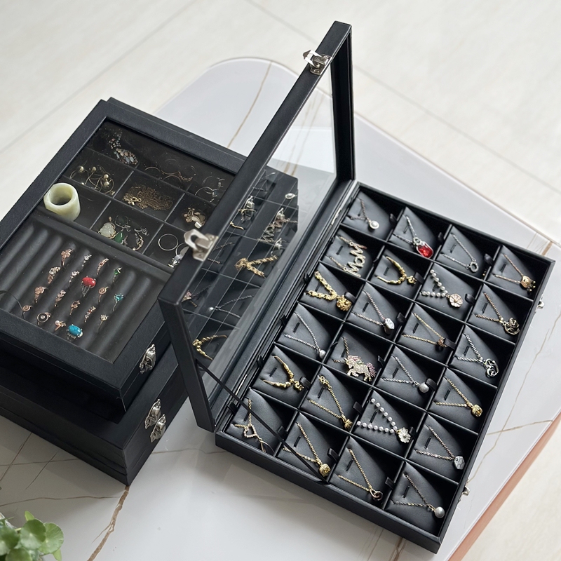 Pu Leather Gold Jewelry Storage Box with Transparent Glass Lid, Bracelet and Necklace Box, Earring Box, Ring and Earring Display Box Pu Leather Gold Jewelry Storage Box with Transparent Glass Lid, Bracelet and Necklace Box, Earring Box, Ring and Earring Display Box