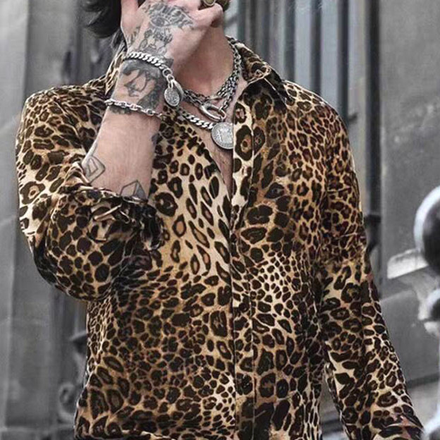 Wild Leopard Print Long-Sleeve Shirt for Men, Same Style as European and American Celebrities, Dj Singer Host Performance Outfit, Disco Ice Silk Shirt