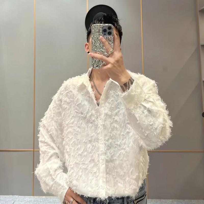 Tassel Feather Shirt for Men with a High-End Jacquard Design, Loose Long-Sleeve Court-Style Velvet Shirt, Trendy Shirt