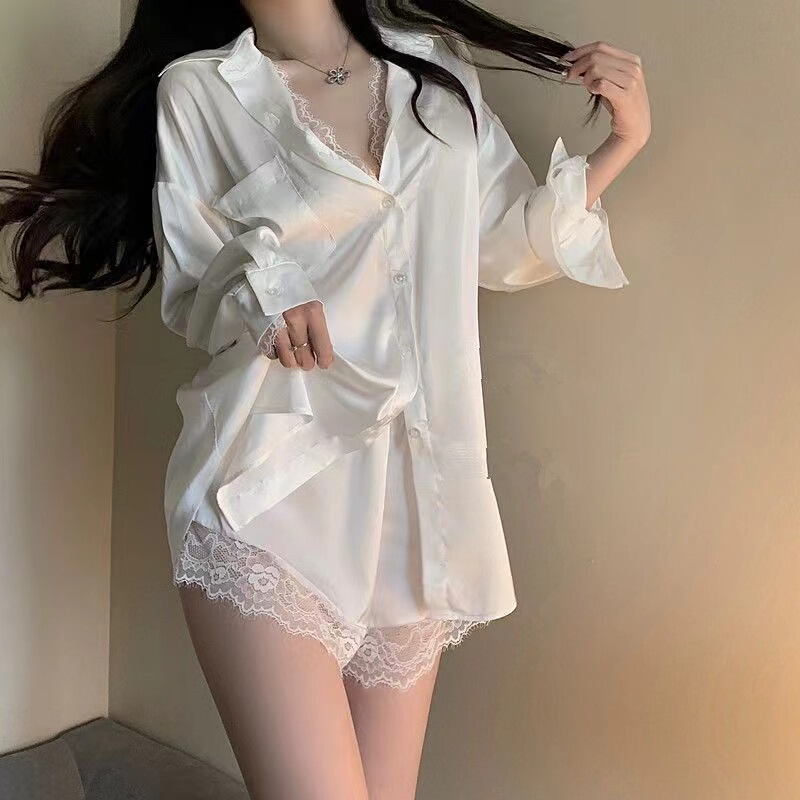 Lace Sexy Long-Sleeved Pajamas for Women, Ice Silk Pure Desire Boyfriend Style White Shirt Loose Loungewear Set Lace Sexy Long-Sleeved Pajamas for Women, Ice Silk Pure Desire Boyfriend Style White Shirt Loose Loungewear Set
