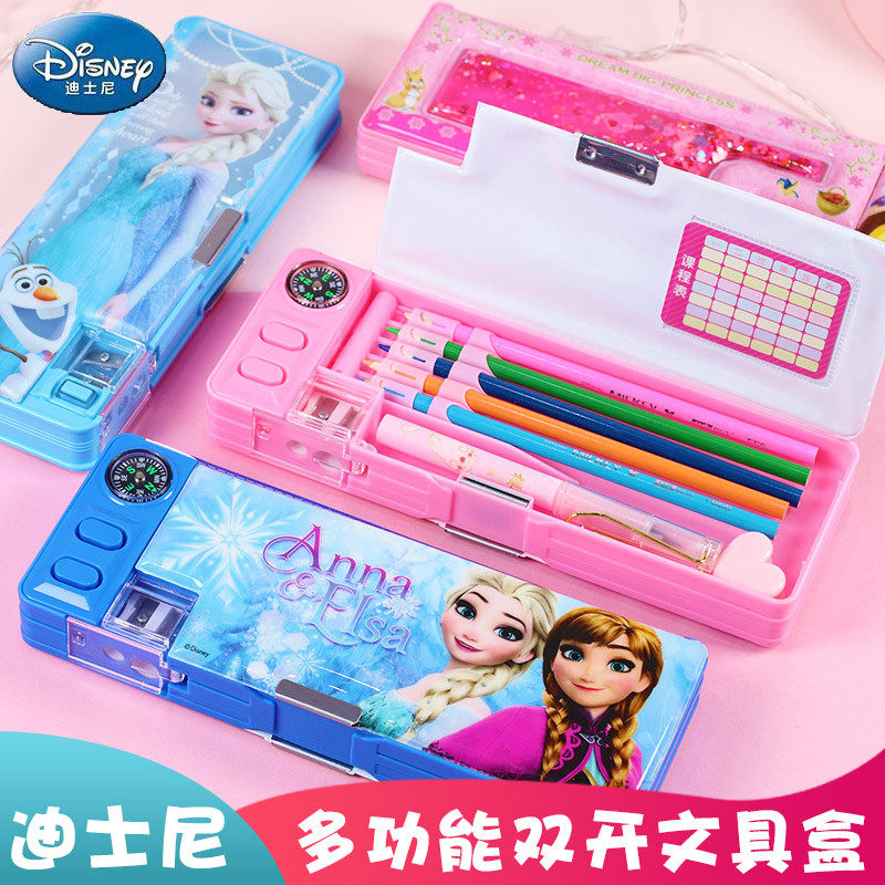 Stationery box for primary school students large capacity frozen pencil box Creative multi-functional plastic double-layer pencil box for students and girls with double-hole pencil sharpener compass two-sided open cartoon quicksand pen box
