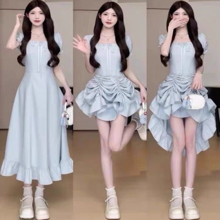 French-Style Sexy Square-Neck Short-Sleeved Dress for Women, New Summer Design, Can Be Worn in Three Ways, Waist-Cinching, Slimming Long Dress French-Style Sexy Square-Neck Short-Sleeved Dress for Women, New Summer Design, Can Be Worn in Three Ways, Waist-Cinching, Slimming Long Dress