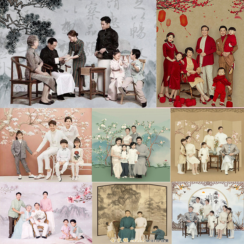 Chinese wind retro ancient Republic of China Ancient Clothing Qipao Xi Qqing Children Wedding Photos of children Wedding photo studio Full family Foo background cloth paper-Taobao