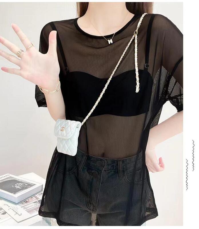 Plus Size 150kg Black Mesh Short-Sleeved T-Shirt for Women, Summer Mid-Length Outerwear, Sun Protection Cover-Up, See-Through Hollow Top Plus Size 150kg Black Mesh Short-Sleeved T-Shirt for Women, Summer Mid-Length Outerwear, Sun Protection Cover-Up, See-Through Hollow Top